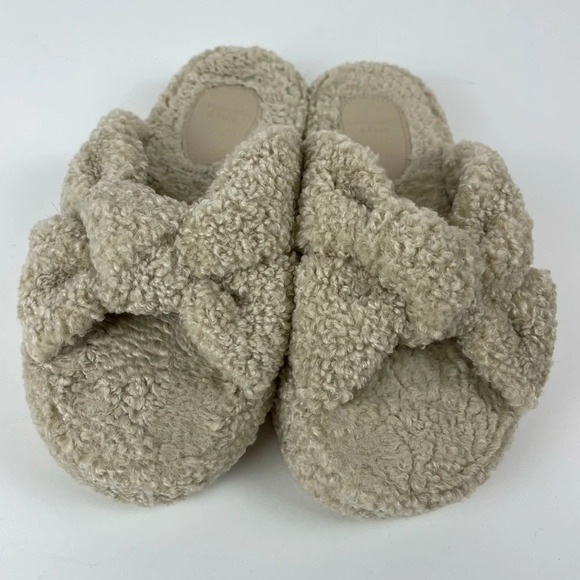 Abercrombie & Fitch Slippers Women Size 10 Beige Fuzzy Slip On Open Toe Platform - Picture 2 of 10